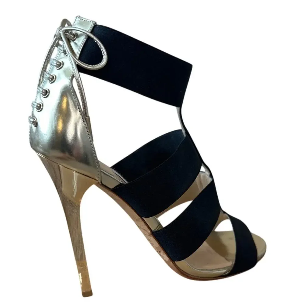 Jimmy Choo Dario Black Ladder Strap Gold Heel Sandals‎ Size US 8, IT 38
